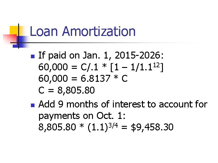 Loan Amortization n n If paid on Jan. 1, 2015 -2026: 60, 000 =