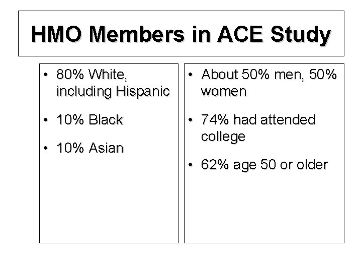 HMO Members in ACE Study • 80% White, including Hispanic • About 50% men,
