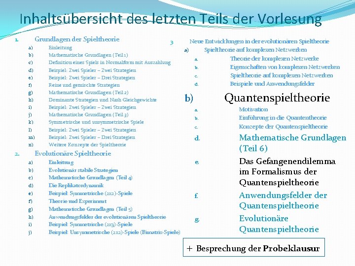 Inhaltsübersicht des letzten Teils der Vorlesung Grundlagen der Spieltheorie 1. a) b) c) d)