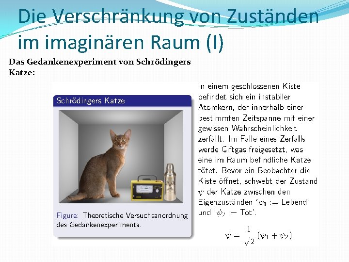 Die Verschränkung von Zuständen im imaginären Raum (I) Das Gedankenexperiment von Schrödingers Katze: 