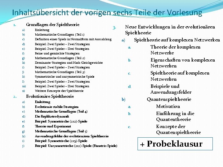 Inhaltsübersicht der vorigen sechs Teile der Vorlesung Grundlagen der Spieltheorie 1. a) b) c)