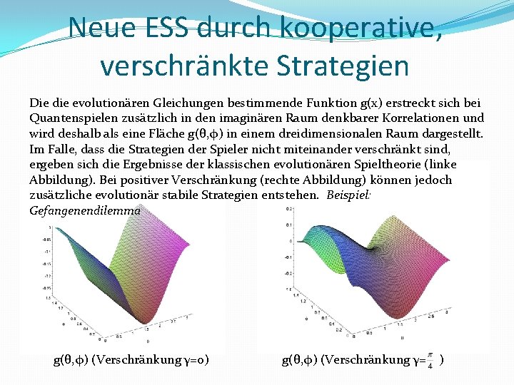 Neue ESS durch kooperative, verschränkte Strategien Die die evolutionären Gleichungen bestimmende Funktion g(x) erstreckt