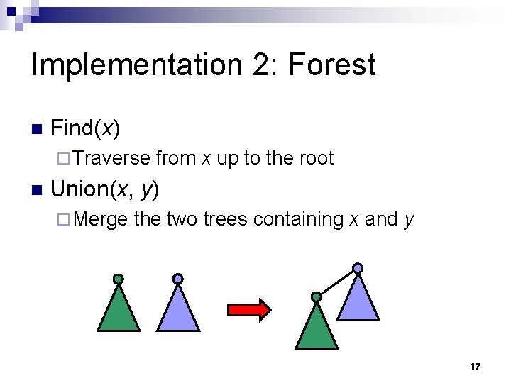 Implementation 2: Forest n Find(x) ¨ Traverse n from x up to the root