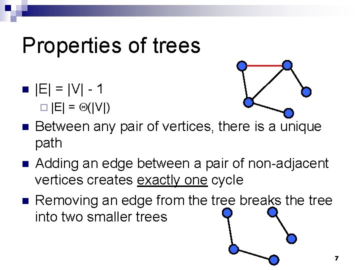 Properties of trees n |E| = |V| - 1 ¨ |E| n n n