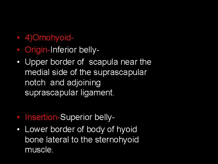  • 4)Omohyoid • Origin-Inferior belly • Upper border of scapula near the medial