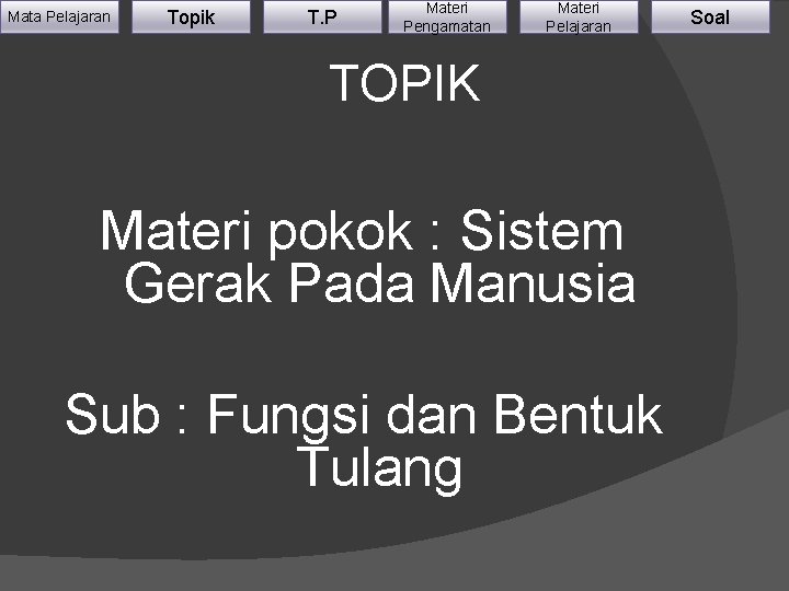 Mata Pelajaran Topik T. P Materi Pengamatan Materi Pelajaran TOPIK Materi pokok : Sistem