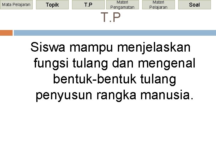 Mata Pelajaran Topik T. P Materi Pengamatan Materi Pelajaran Soal T. P Siswa mampu