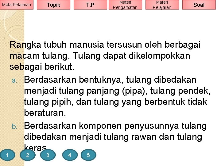 Mata Pelajaran 1 Topik T. P Materi Pengamatan Materi Pelajaran Soal Rangka tubuh manusia