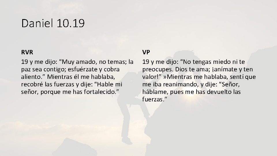 Daniel 10. 19 RVR 19 y me dijo: “Muy amado, no temas; la paz