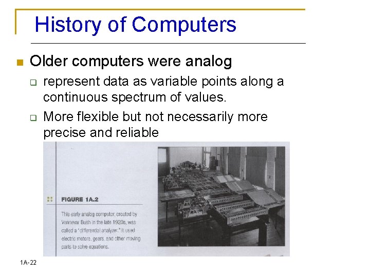 History of Computers n Older computers were analog q q 1 A-22 represent data