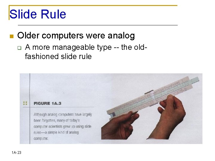 Slide Rule n Older computers were analog q 1 A-23 A more manageable type