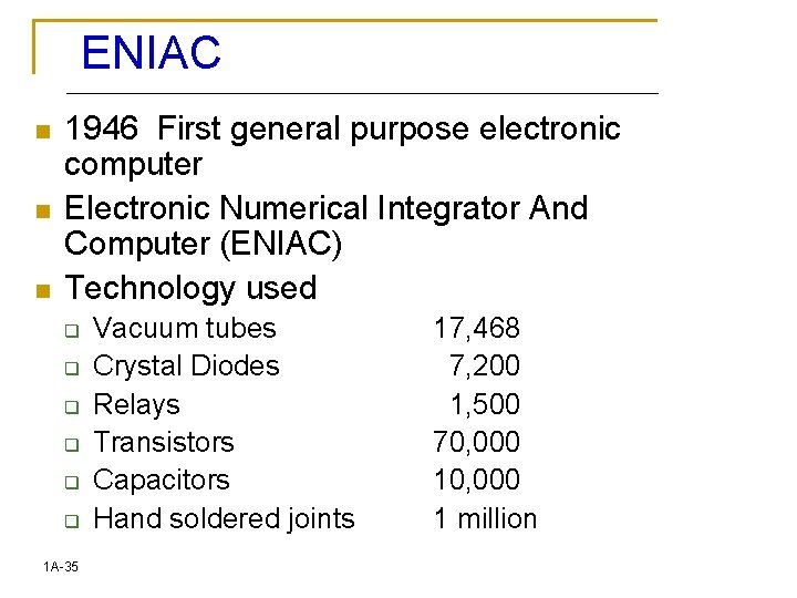 ENIAC n n n 1946 First general purpose electronic computer Electronic Numerical Integrator And