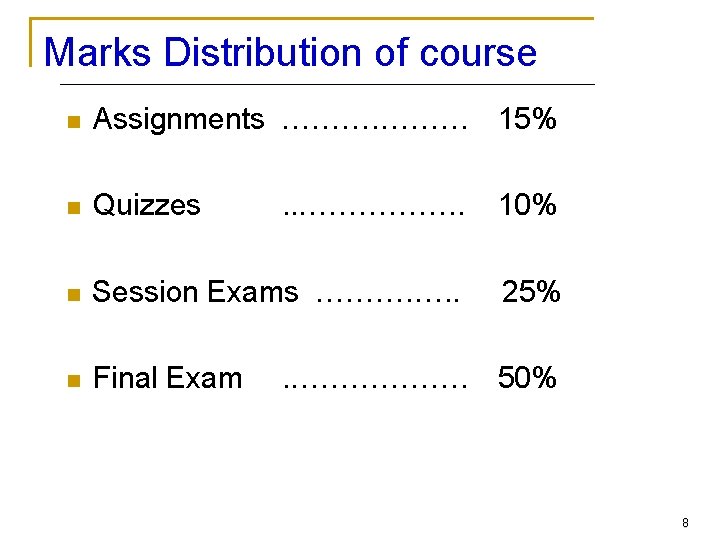 Marks Distribution of course n Assignments ……… 15% n Quizzes n Session Exams ……….