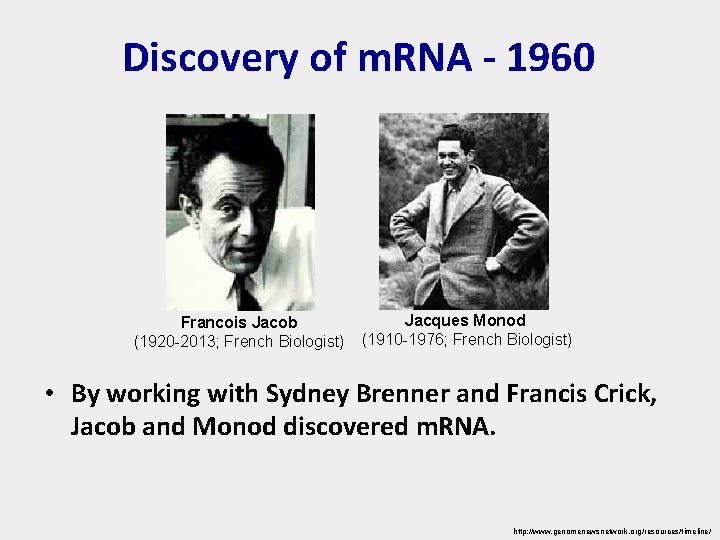Discovery of m. RNA - 1960 Jacques Monod Francois Jacob (1920 -2013; French Biologist)