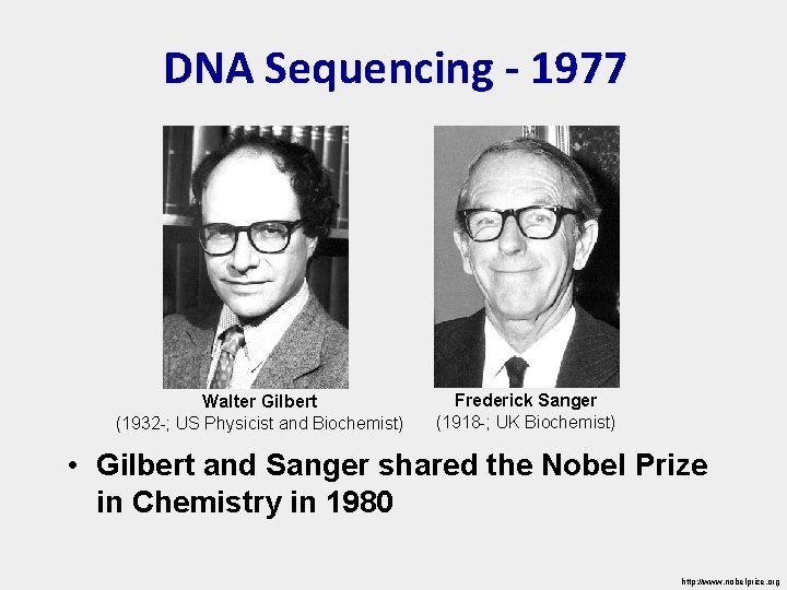 DNA Sequencing - 1977 Walter Gilbert (1932 -; US Physicist and Biochemist) Frederick Sanger