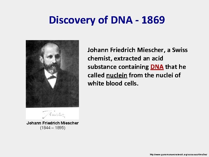 Discovery of DNA - 1869 Johann Friedrich Miescher, a Swiss chemist, extracted an acid