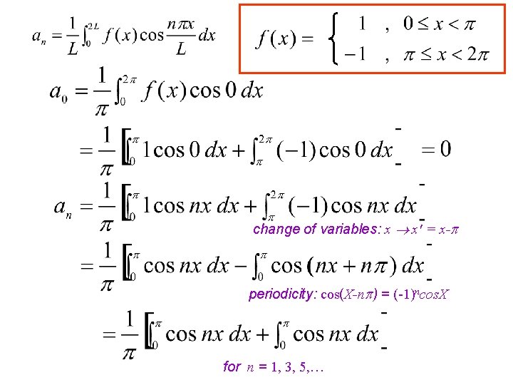 change of variables: x x' = x- periodicity: cos(X-n ) = (-1)ncos. X for