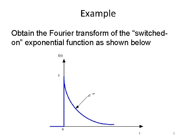 Example Obtain the Fourier transform of the “switchedon” exponential function as shown below 8