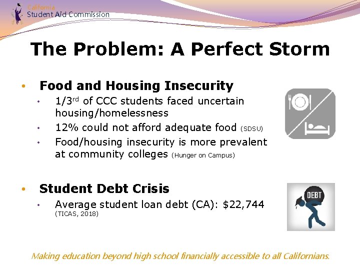 California Student Aid Commission The Problem: A Perfect Storm • Food and Housing Insecurity
