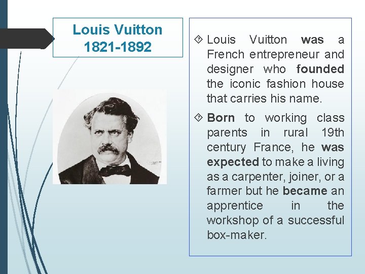 Louis Vuitton 1821 -1892 Louis Vuitton was a French entrepreneur and designer who founded