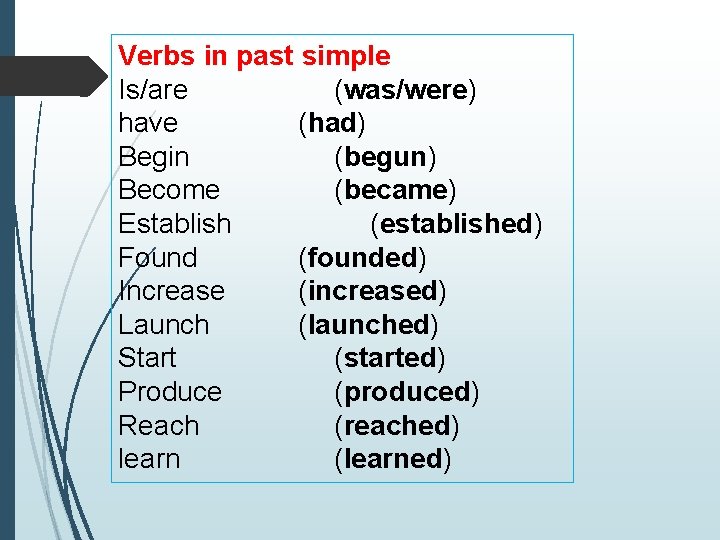 Verbs in past simple Is/are (was/were) have (had) Begin (begun) Become (became) Establish (established)