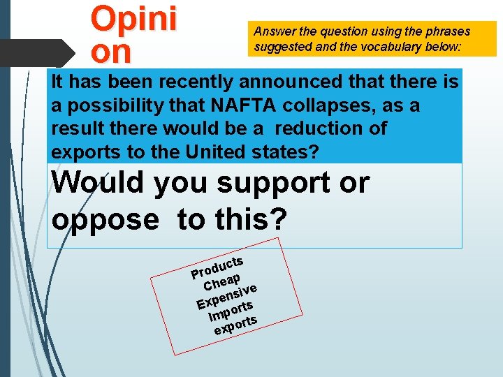 Opini on Answer the question using the phrases suggested and the vocabulary below: It