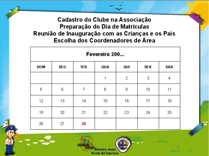 Cadastro do Clube na Associação Preparação do Dia de Matrículas Reunião de Inauguração com