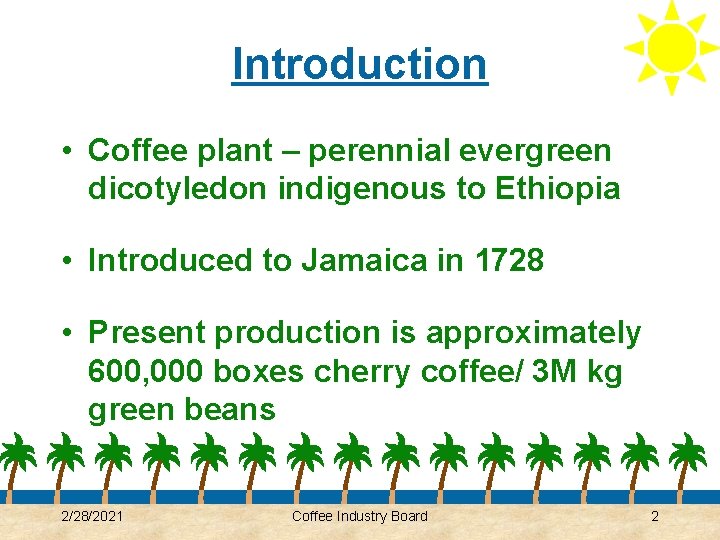 Introduction • Coffee plant – perennial evergreen dicotyledon indigenous to Ethiopia • Introduced to