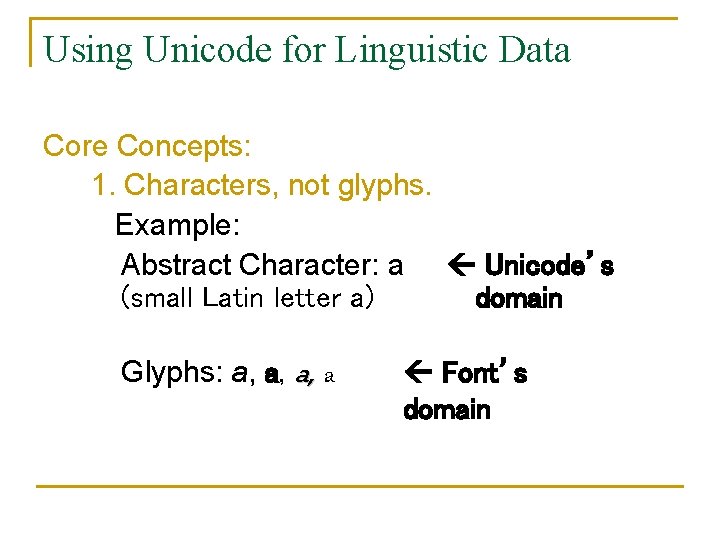 Using Unicode for Linguistic Data Core Concepts: 1. Characters, not glyphs. Example: Abstract Character: