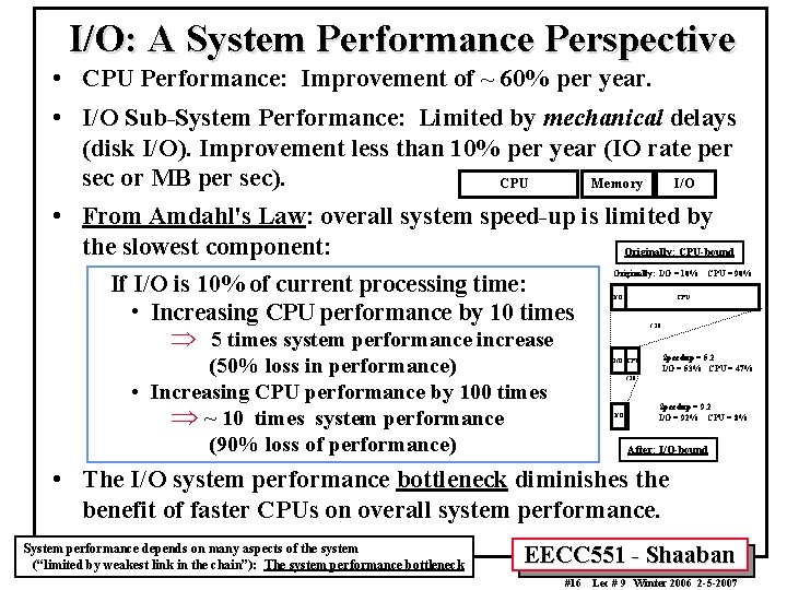 I/O: A System Performance Perspective • CPU Performance: Improvement of ~ 60% per year.