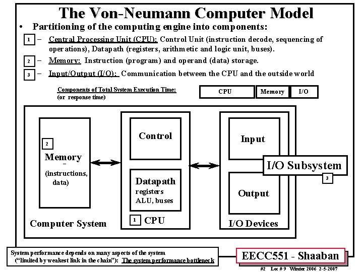 The Von-Neumann Computer Model • Partitioning of the computing engine into components: 2 –