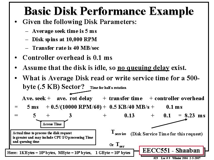 Basic Disk Performance Example • Given the following Disk Parameters: – Average seek time