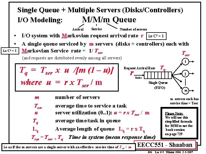 Single Queue + Multiple Servers (Disks/Controllers) I/O Modeling: M/M/m Queue Arrival i. e C