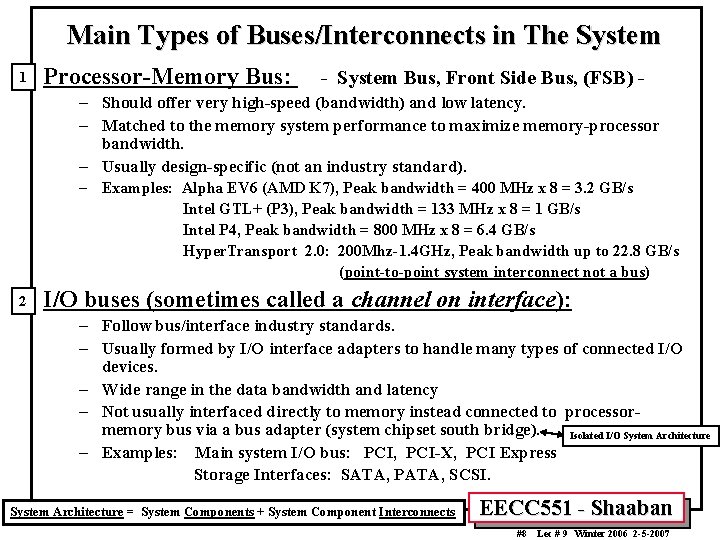 Main Types of Buses/Interconnects in The System 1 Processor-Memory Bus: - System Bus, Front