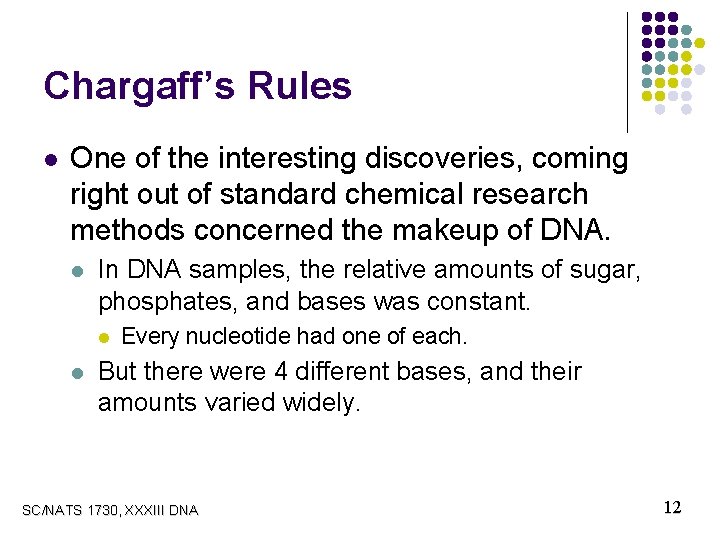 Chargaff’s Rules l One of the interesting discoveries, coming right out of standard chemical