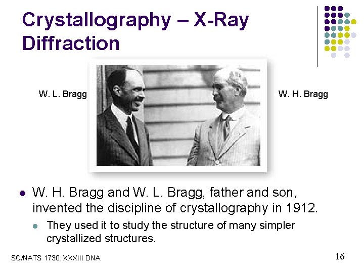 Crystallography – X-Ray Diffraction l. W. l L. Bragg l. W. H. Bragg W.