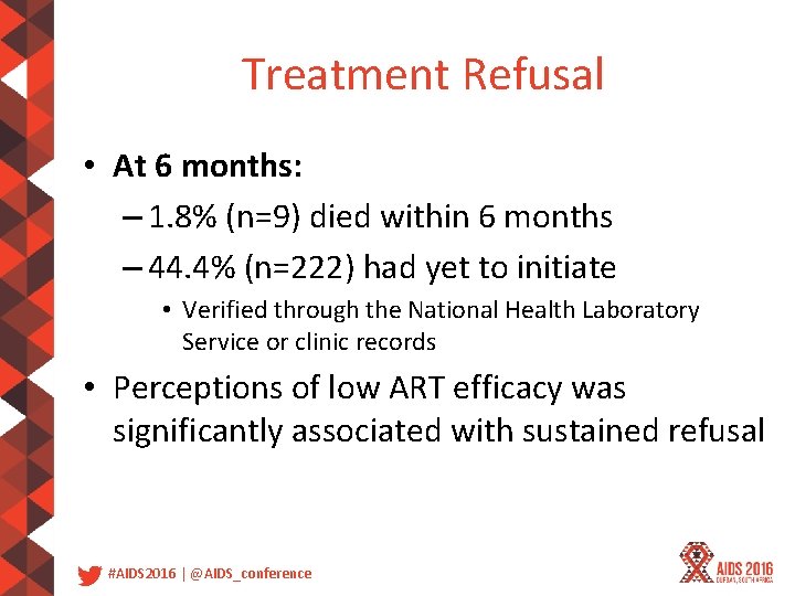 Treatment Refusal • At 6 months: – 1. 8% (n=9) died within 6 months