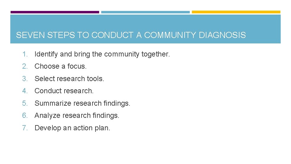 SEVEN STEPS TO CONDUCT A COMMUNITY DIAGNOSIS 1. Identify and bring the community together.