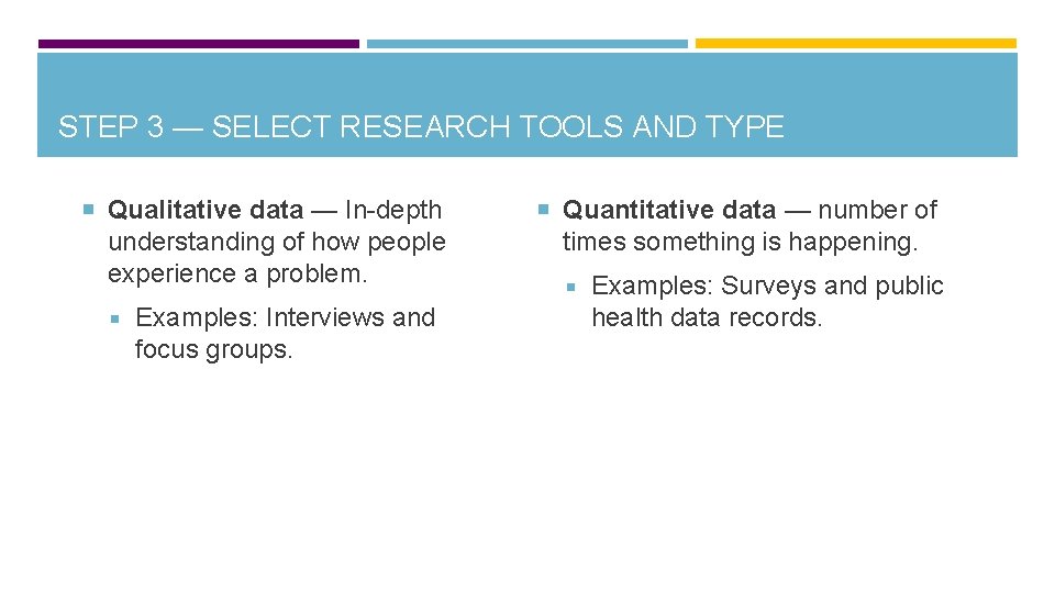 STEP 3 — SELECT RESEARCH TOOLS AND TYPE Qualitative data — In-depth understanding of
