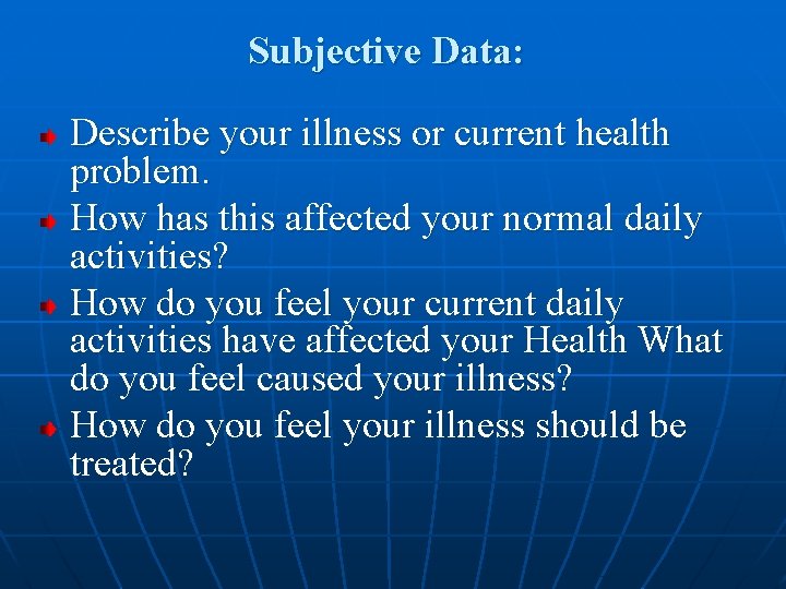 Subjective Data: Describe your illness or current health problem. How has this affected your