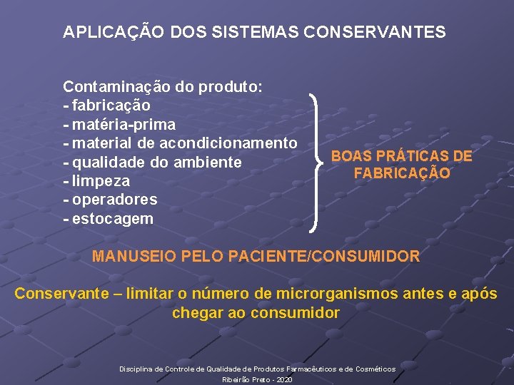 APLICAÇÃO DOS SISTEMAS CONSERVANTES Contaminação do produto: - fabricação - matéria-prima - material de