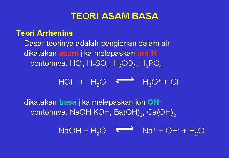 TEORI ASAM BASA Teori Arrhenius Dasar teorinya adalah pengionan dalam air dikatakan asam jika