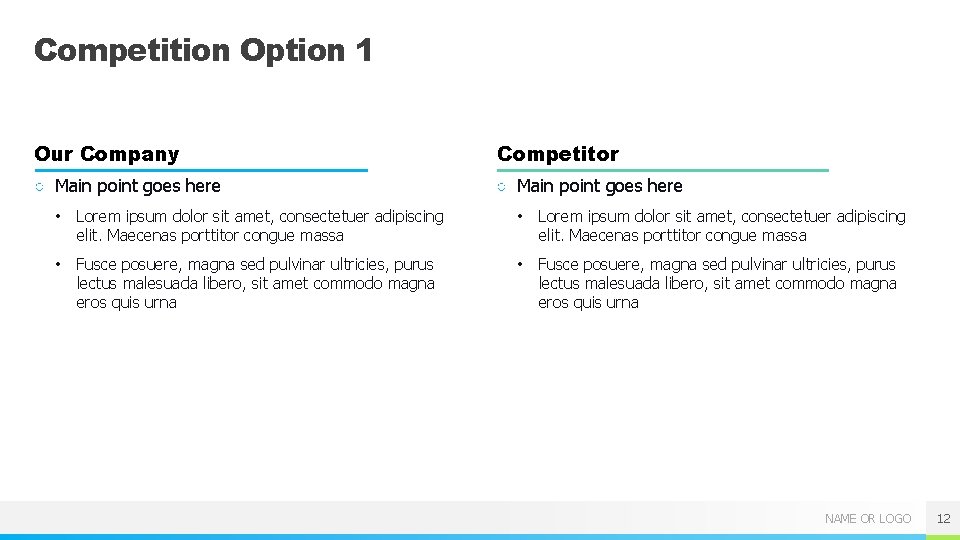 Competition Option 1 Our Company Competitor ○ Main point goes here • Lorem ipsum