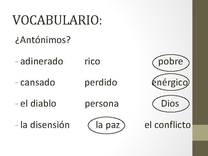 VOCABULARIO: ¿Antónimos? - adinerado rico - cansado perdido pobre enérgico - el diablo persona