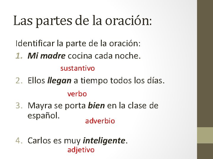 Las partes de la oración: Identificar la parte de la oración: 1. Mi madre