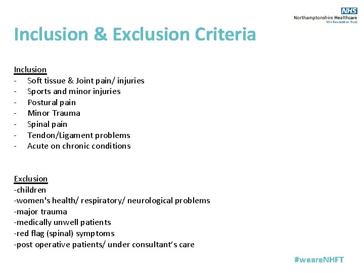 Inclusion & Exclusion Criteria Inclusion - Soft tissue & Joint pain/ injuries - Sports