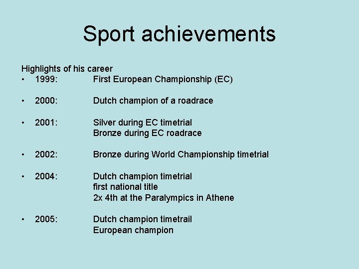 Sport achievements Highlights of his career • 1999: First European Championship (EC) • 2000: Sport achievements Highlights of his career • 1999: First European Championship (EC) • 2000: