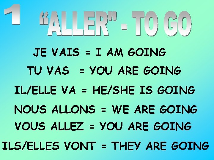 JE VAIS = I AM GOING TU VAS = YOU ARE GOING IL/ELLE VA