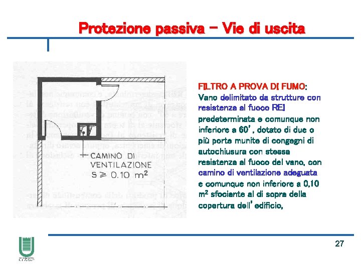 Protezione passiva – Vie di uscita FILTRO A PROVA DI FUMO: Vano delimitato da