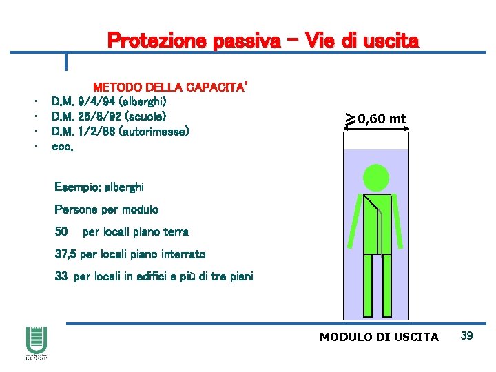 Protezione passiva – Vie di uscita • • METODO DELLA CAPACITA’ D. M. 9/4/94